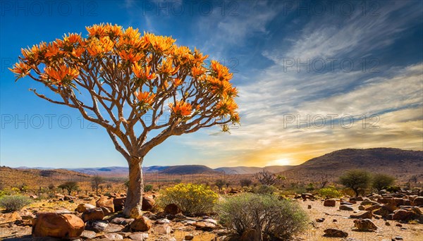 KI generated, Namibia, Namaqualand, blooming desert with camel thorn tree, Africa