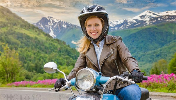 AI generated, An attractive woman rides her motorbike through an autumn landscape