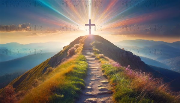 Footpath leading to a cross on top of the hill backlit by soft light beams. Heavenly beautiful background for Easter Christian holiday. Surreal scene for religion and faith concept. AI generated art