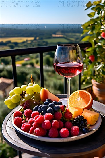 Glass of ros wine perched gracefully next to a platter bursting with vibrant fresh fruits, AI generated