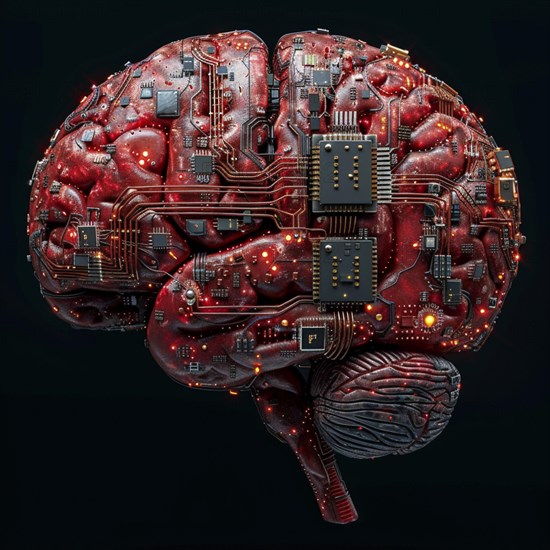 Medical a human head with brain and computer chip, symbol image KI in the human brain, ai generated, AI generated