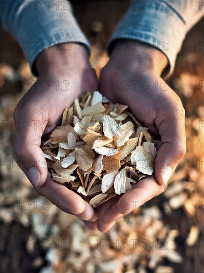 Holding woodchips in your hands, woodchips, renewable fuel, climate change, AI generated, AI generated