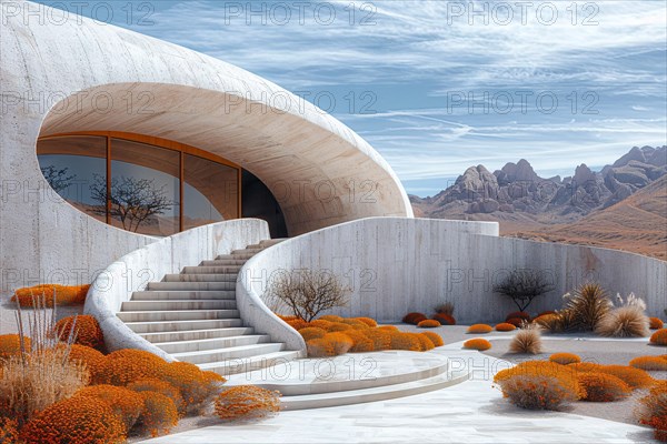 White modern building with circular design in desert surrounded by orange bushes under a clear sky, AI generated