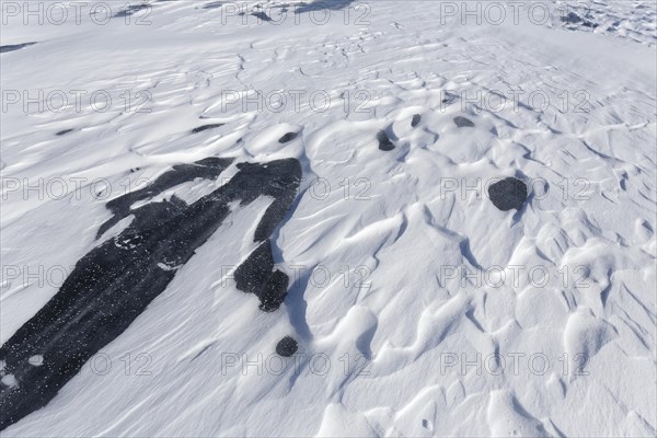 Winter, snow drifts on frozen riverscape, Saint Lawrence River, Province of Quebec, Canada, North America