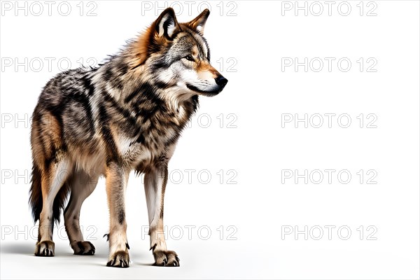 Stoic grey wolf gaze intense commanding presence, isolated white background, AI generated