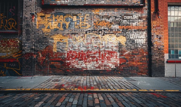 Graffiti art adds a splash of color to the urban landscape, covering a weathered brick wall AI generated