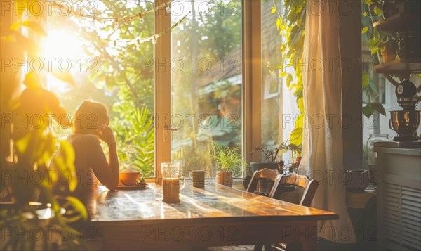 Silhouette of a woman enjoying a peaceful morning in a sunny, plant-decorated dining area AI generated