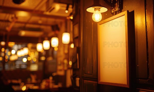 A blank menu framed and wall-mounted in a modern bar with ambient lighting and elegant wood AI generated