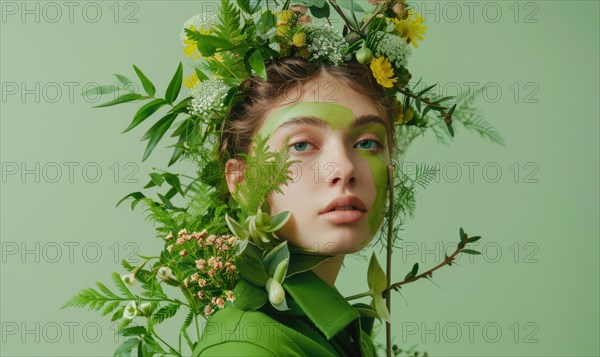A girl in a green dress with botanical elements in her hair and makeup AI generated