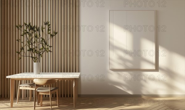 Elegant dining space with a modern wooden table, flowers in vase, and a minimalist empty frame on the wall AI generated