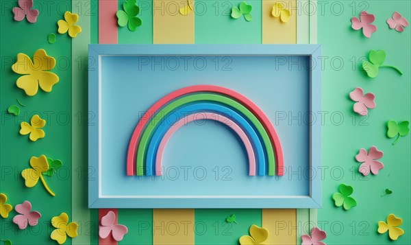 Paper art style with vibrant colors featuring a rainbow and clovers in a frame AI generated