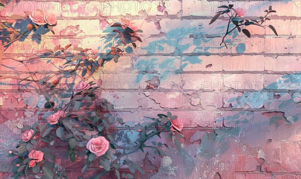 Artistic composition of flowers against a pastel brick wall backdrop AI generated