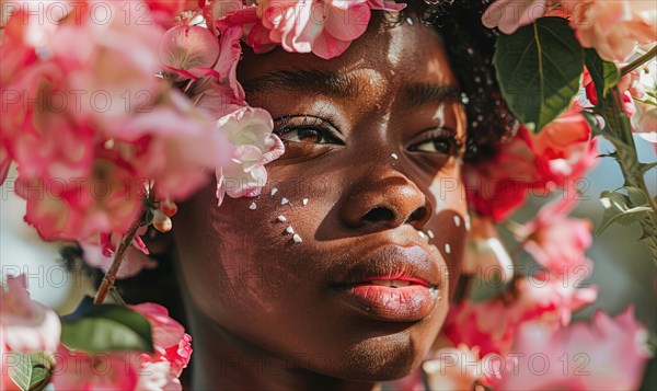 Close-up of a woman surrounded by pink blossoms, highlighting natural beauty and freckles AI generated