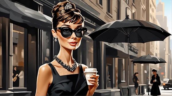 Fashionable newyorker woman in a black dress holding cappuccino to go on a busy urban street, 1960's mood, AI generated