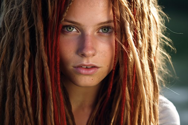 Portrait of young caucasian woman with blond and red dreadlocks hairstyle. KI generiert, generiert AI generated