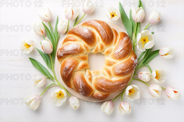 Top view of Italian Easter bread surrounded by white Tulip spring flowers. KI generiert, generiert AI generated