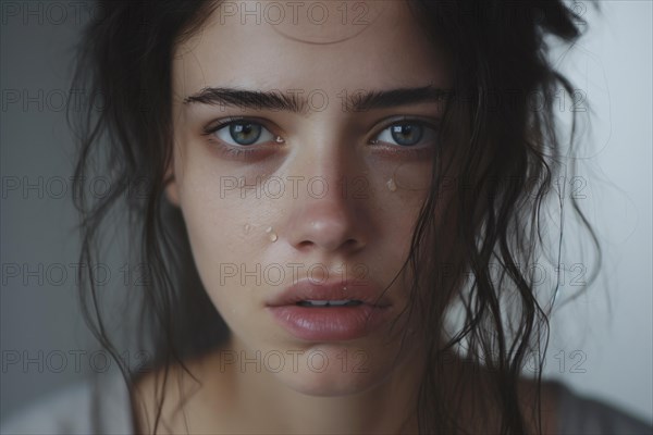 Close up of sad face of young woman with tears. KI generiert, generiert AI generated