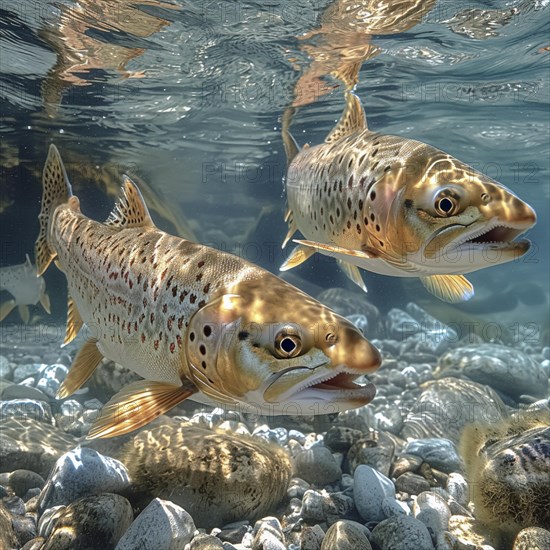 Salmon (Salmo salar) on the migration and swim up a stream in shallow, clear water, ai generiert, AI generated