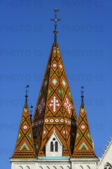 Matthias Church at the Fisherman's Bastion, building, travel, city trip, tourism, overview, Eastern Europe, architecture, building, history, historical, cityscape, attraction, sightseeing, church tower, colourful, pattern, craft, building craft, architecture, capital, Budapest, Hungary, Europe