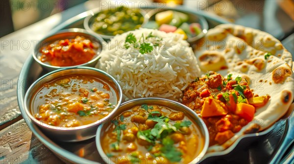 A comforting Indian platter with spicy dishes, naan and rice bathed in sunshine, ai generated, AI generated