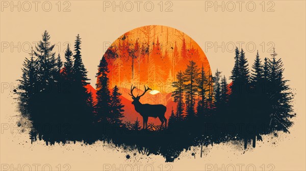 Deer silhouette in front of a forest and vibrant red and orange sunset, ai generated, AI generated
