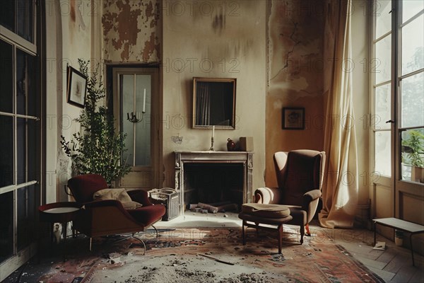 Sunlit, abandoned room with vintage armchairs and a fireplace showcasing peeling paint and decay, AI generated