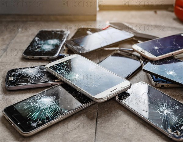 A collection of broken mobile phones with shattered screens on the floor, AI generated, AI generated