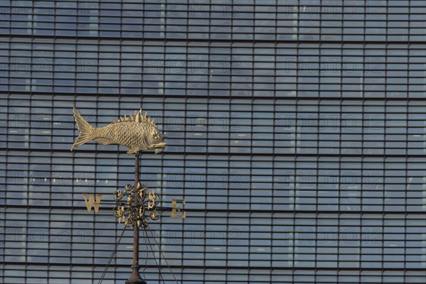 Fish weather vain in front of a high rise office skyscaper building, City of London, England, United Kingdom, Europe