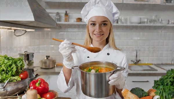 AI generated, An attractive blonde cook in the kitchen of a hotel tastes a vegetable soup