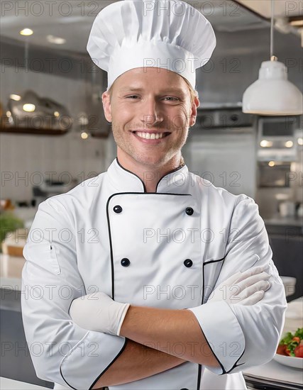 AI generated, portrait, an attractive chef in the kitchen of a hotel