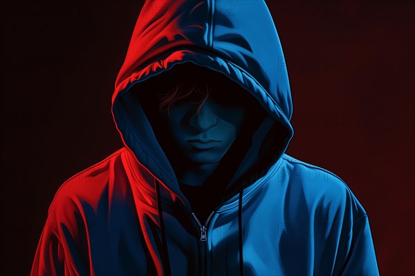 Illustration, teenager with hoodie in gloomy surroundings looks sad, symbolic image for depression in children and adolescents, AI generated, AI generated, AI generated