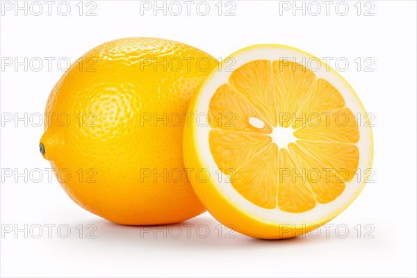 Whoe and halved lemon fruit on white background. KI generiert, generiert AI generated