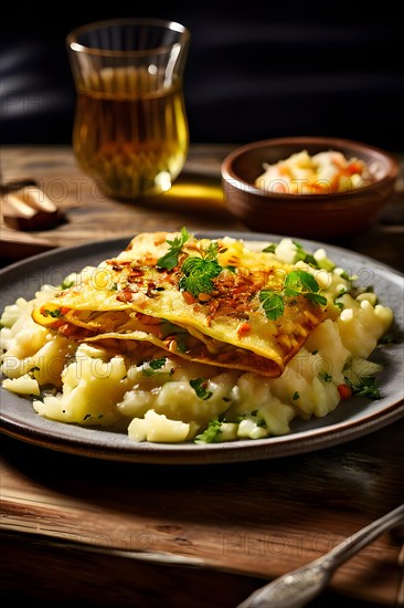 Maultaschen on a rustic wooden table with crispy onions on top, AI generated, AI generated