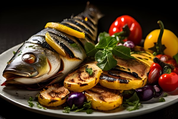 Branzino fish grilled glistening with oils side of lemon herb dressing, AI generated