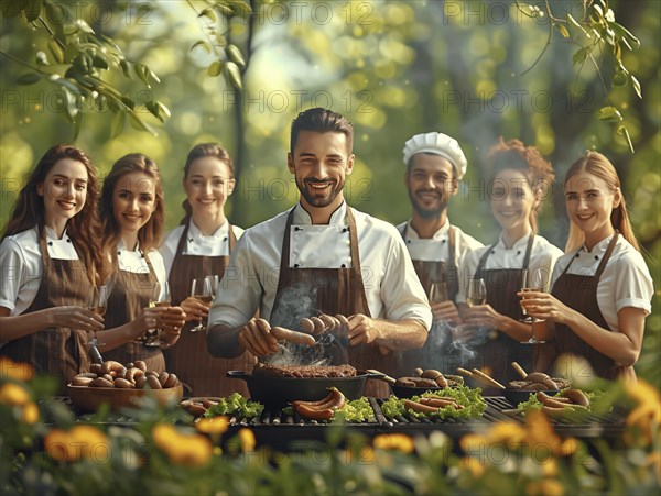 Barbecue party, guests with glasses in their hands stand around a chef who is grilling sausages and steaks, AI generated