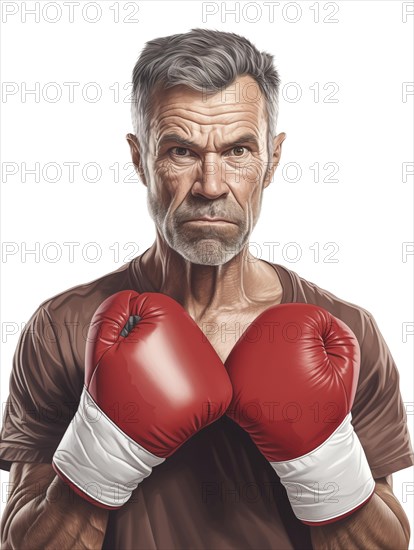 Illustration, an older man with boxing gloves looks confidently and resolutely into the camera, symbolic image for self-defence at an advanced age, AI generated, AI generated, AI generated