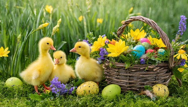 Ai generated, An Easter basket with coloured eggs in a meadow with colourful flowers, three goslings in the basket, symbolic image Easter, animal children