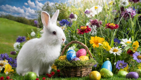 Ai generated, An Easter basket with coloured eggs in a meadow with colourful flowers, in the basket a white rabbit, symbolic picture Easter, animal children, dwarf rabbit