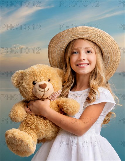 Ai generated, A blonde girl, 8 years old, enjoys the summer in a meadow with lots of flowers and is happy about her teddy bear, mascot