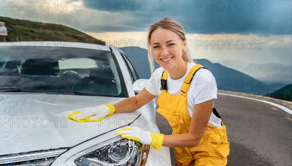 AI generated, A blonde woman washes a car by hand, silver sports car