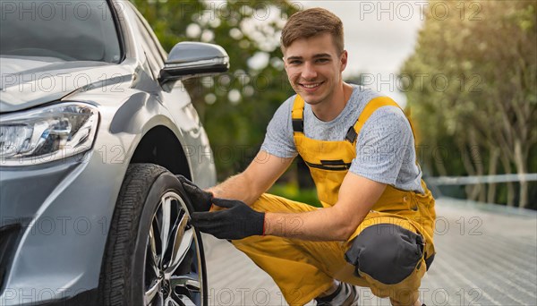 AI generated, A mechanic changes the tyres on a customer's car, tyre fitting, silver car