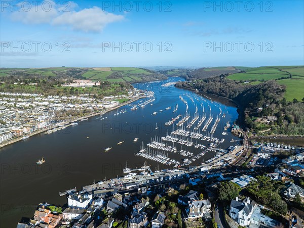 Dartmouth and Kingswear over River Dart from a drone, Devon, England, United Kingdom, Europe