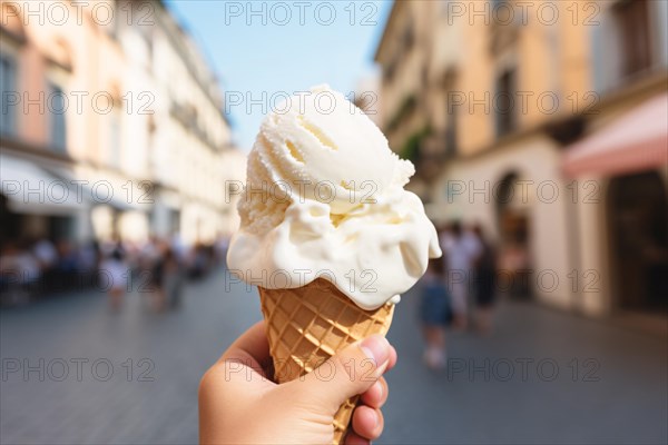 Hand holding white ice cream in cone with blurry city in backgrround. KI generiert, generiert AI generated