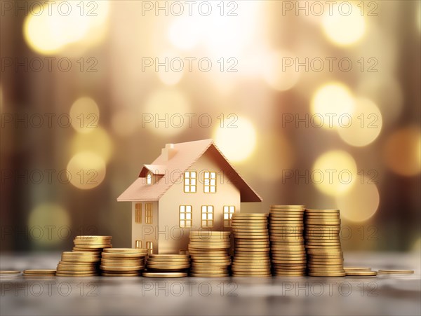 Small model house standing behind a pile of coins, symbol image for house money, loan, mortgage, property, business, investment savings, insurance, debt, AI generated, AI generated, AI generated