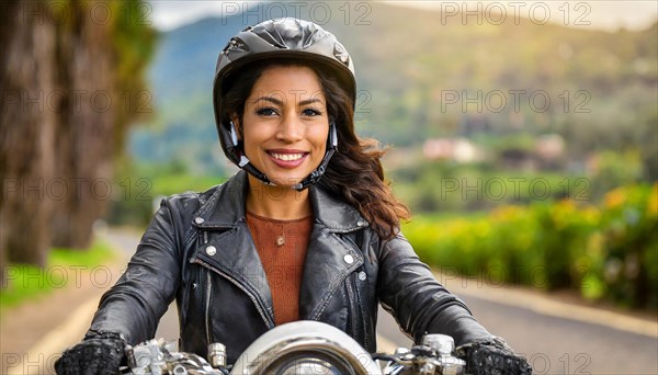 AI generated, A dark-haired woman rides a motorbike through an autumn landscape