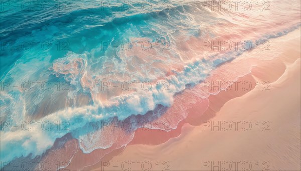 Pastel colors background of ocean foamy waves hitting the sandy beach. Exotic serene blue sea, tropical summer vacation seaside, holiday recreation concept, pink colors. AI generated art
