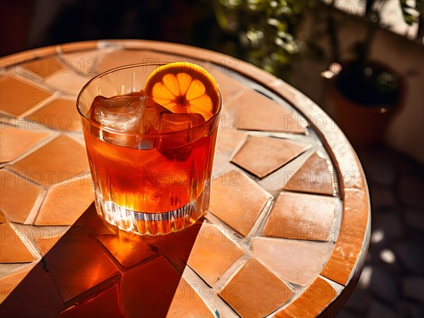 Aperol spritz radiating bright and bubbly charm glass positioned on a sunlit terrace table, AI generated