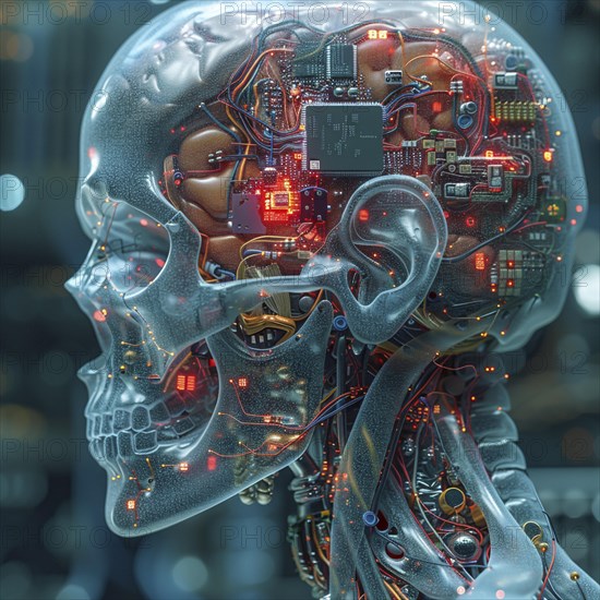 Medical a human head with brain and computer chip, symbol image KI in the human brain, ai generated, AI generated