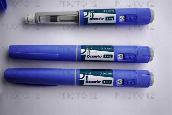 Three Ozempic injection pens lying next to each other, for diabetes 2 patients, Stuttgart, Baden-Wuerttemberg, Germany, Europe