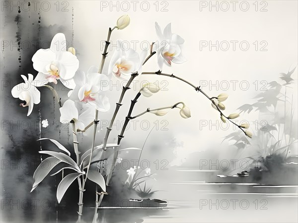 Painting of orchids cascading gently across a silk scroll each petal and stem flowing, AI generated